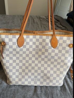Louis Vuitton Cream Checkered Tote with Tan Leather Trim